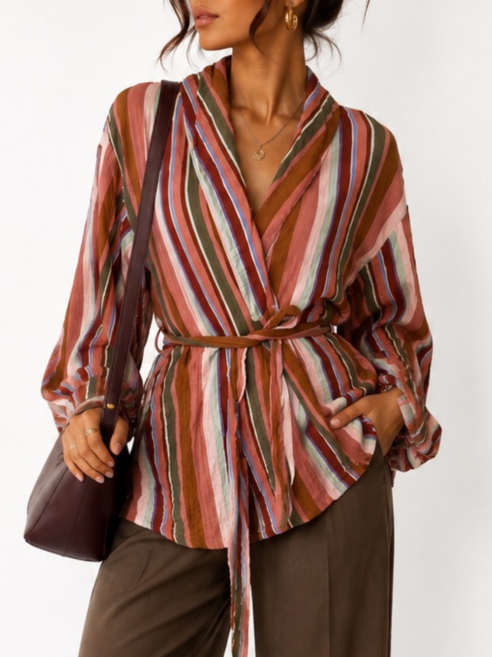 Nordstrom Striped Belted Wrap Jacket S Boho Coastal Resort Lightweight